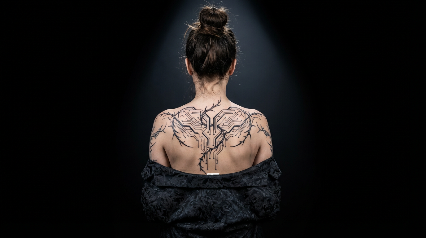 Mujer con tatuaje cibernético en espalda.