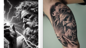 darwin tattoo greek god tattoo by Darwin Enriquez NYC. realism-tattoo-arm