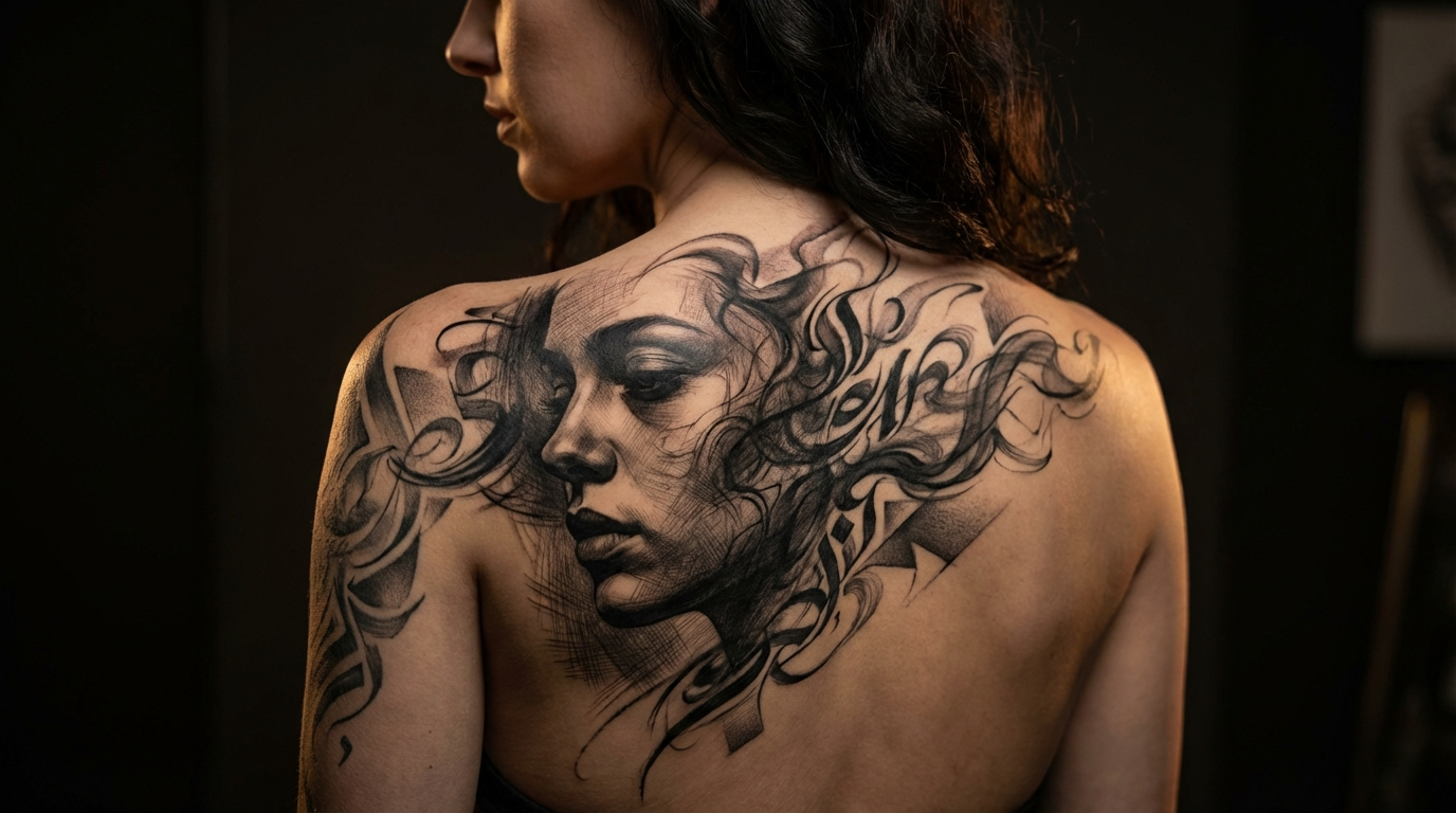 Tatuaje artístico en la espalda femenina.