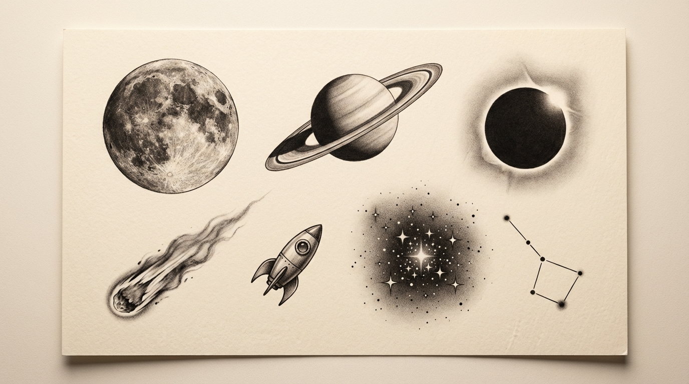 Micro-realism space tattoo designs on textured paper