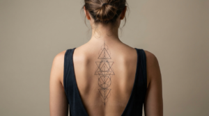 shot from behind of a woman with an elegant geometric tattoo running down her spine tattoo by Darwin Enriquez NYC. realism-tattoo-arm