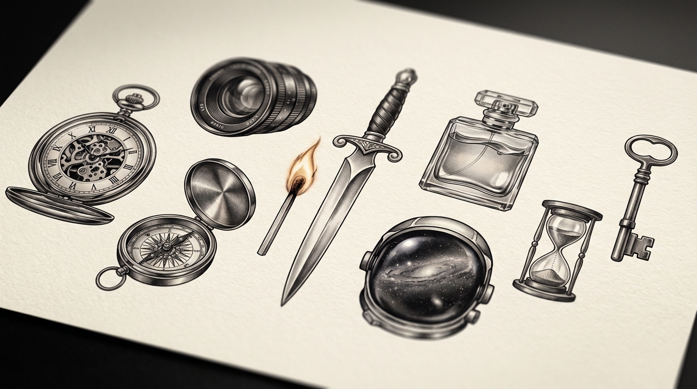 Objetos vintage y elementos simbólicos.